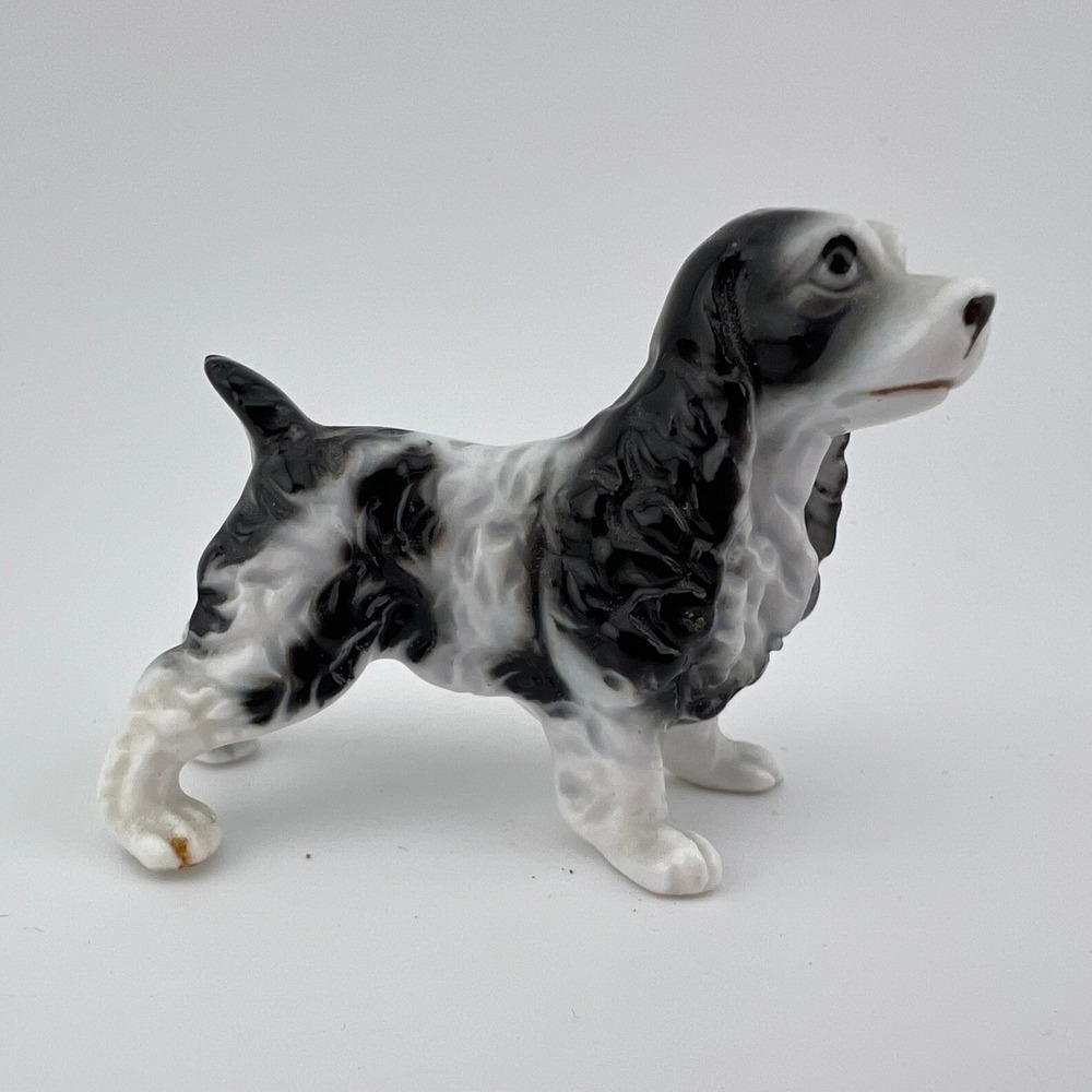 Vintage Bone China Japan Black White Spaniel Dog Figurine 2"